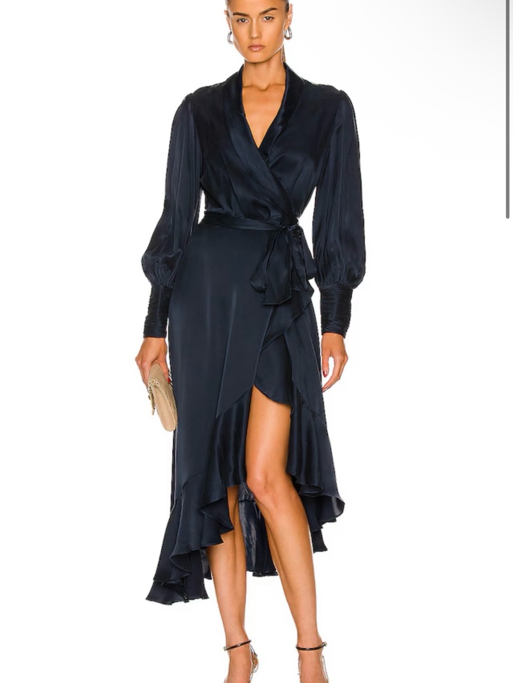 ZIMMERMAN Navy Wrap Midi Dress with Ruffle Hem